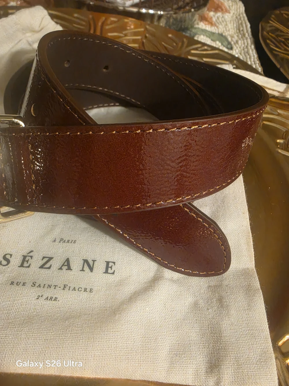 Sezane Brown Gloss Leather Belt with Gold Buckle - Picture 3 of 7